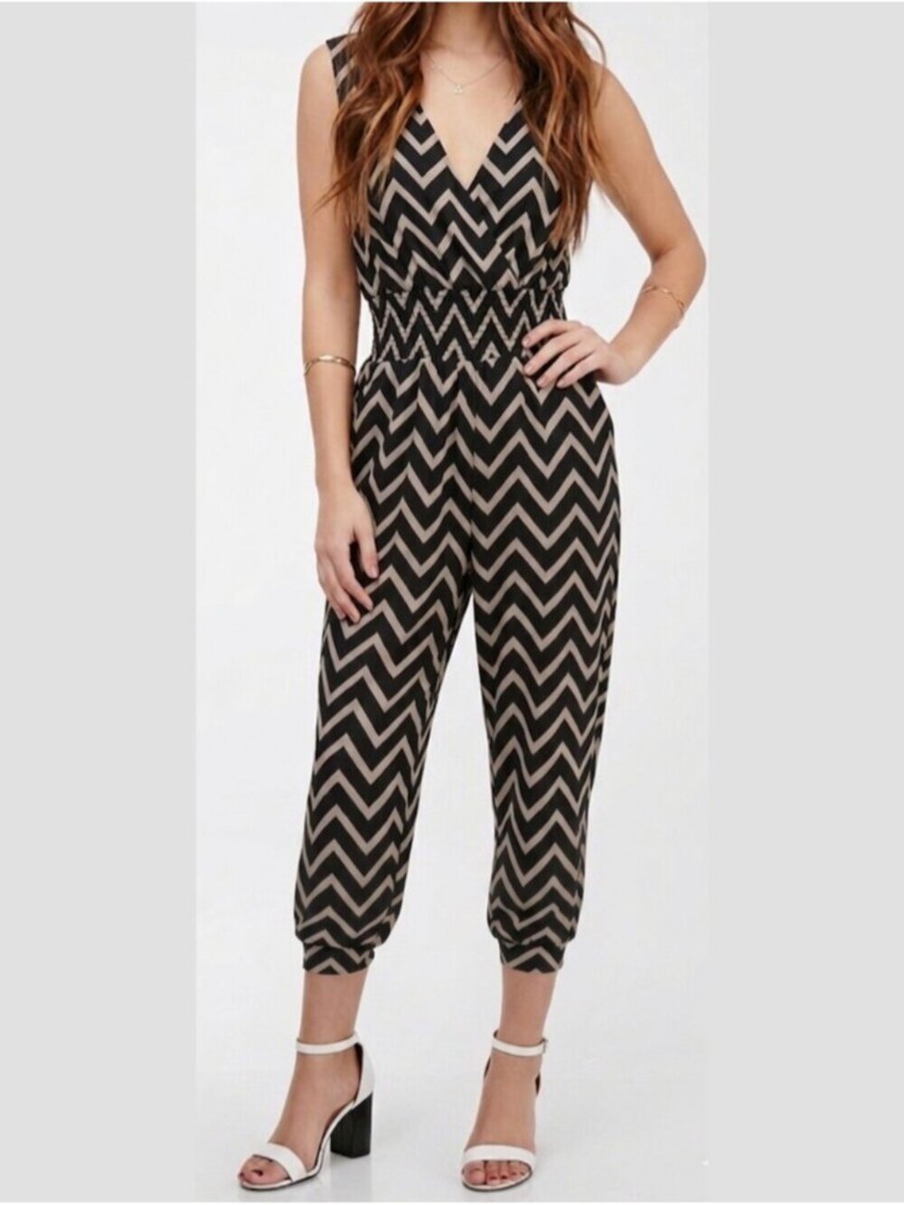 Chevron V-Neck Sleeveless Jumpsuit Cropped Smocked Waist Black Tan Womens Small?